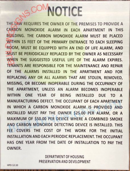 Carbon Monoxide Detector Notice (white, ALUMINIUM 8.5x11)