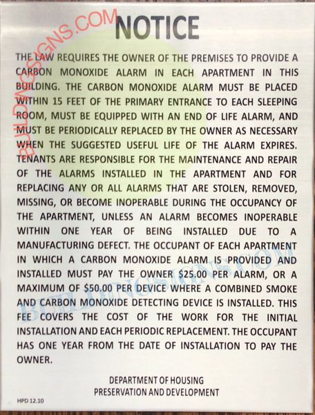 Carbon Monoxide Detector Notice (white, ALUMINIUM 8.5x11)