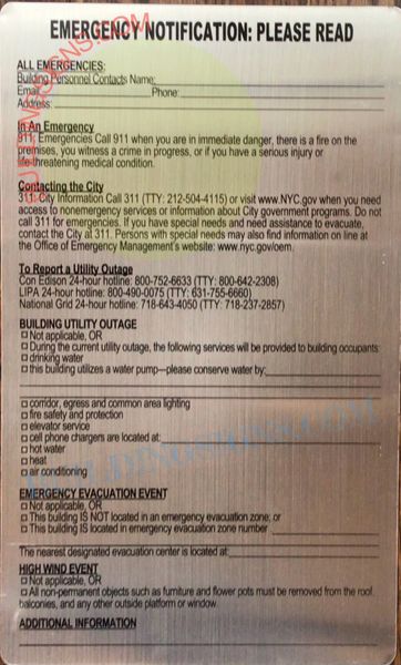 DOB EMERGENCY NOTIFICATION PLEASE READ SIGN- BRUSHED ALUMINUM (ALUMINUM SIGNS 9x14)