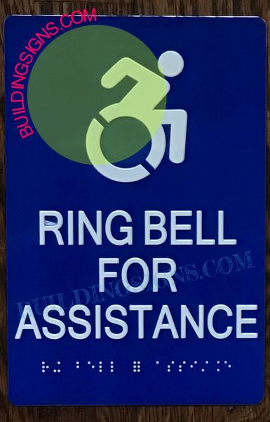 DOB NYC RING BELL FOR ASSISTANCE SIGN- BRAILLE- BLUE (ALUMINUM SIGNS 6x9)