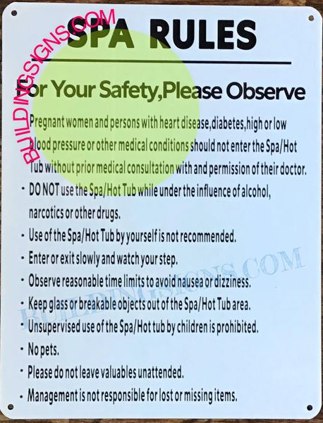 SPA RULES FOR YOUR SAFETY PLEASE OBSERVE SIGN (ALUMINUM SIGNS 11 X 8.5)