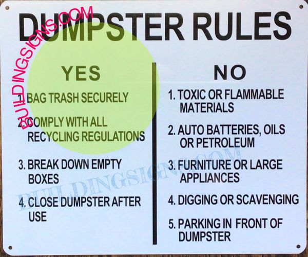 Dumpster Rules Sign (ALUMINUM SIGNS 10x12)