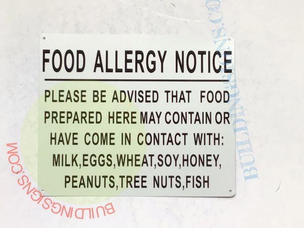 FOOD ALLERGY NOTICE (ALUMINUM SIGNS 10X12)