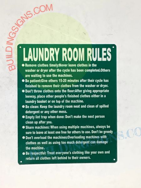 LAUNDRY ROOM RULES SIGN- GREEN BACKGROUND – GREEN (ALUMINUM SIGNS 14X10)