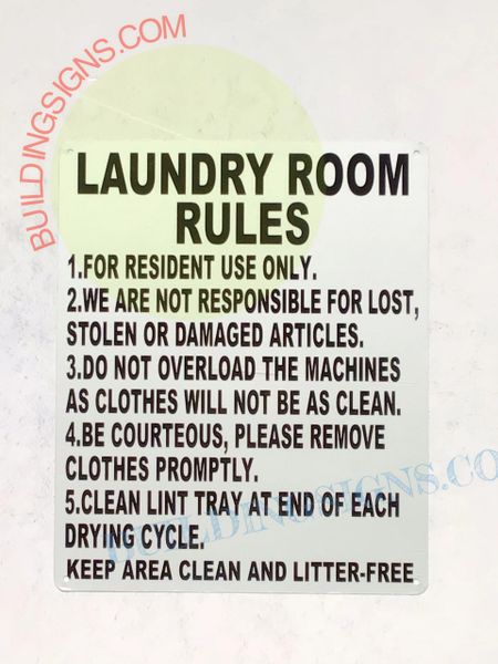 LAUNDRY ROOM RULES SIGN- WHITE (ALUMINUM SIGNS 12X10)