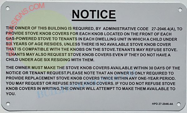 NOTICE REGARDING STOVE KNOB COVERS (ALUMINUM SIGNS 7X10)