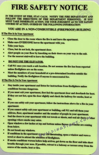 Fire Safety Notice YOU ARE IN A NON COMBUSTIBLE (FIREPROOF) BUILDING (STICKER SAFETY SIGNS)- VINYL PLASTIC- PHOTOLUMINESCENT