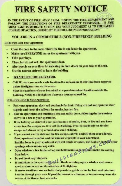 FIRE SAFETY NOTICE YOU ARE IN A COMBUSTIBLE (NON- FIREPROOF) BUILDING (STICKER SAFETY SIGNS)- VINYL PLASTIC- PHOTOLUMINESCENT