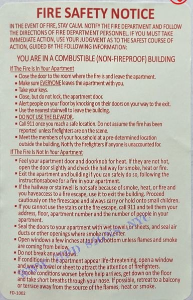 FIRE SAFETY NOTICE YOU ARE IN A COMBUSTIBLE (NON- FIREPROOF) BUILDING SIGN- RED (ALUMINUM SIGNS 8.5X11)