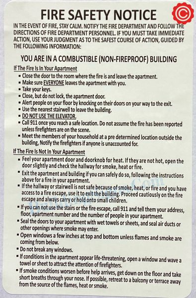 FIRE SAFETY NOTICE YOU ARE IN A COMBUSTIBLE (NON- FIREPROOF) BUILDING SIGN (ALUMINUM SIGNS 10X12)