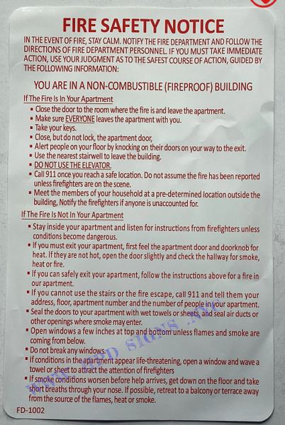 FIRE SAFETY NOTICE YOU ARE IN A NON- COMBUSTIBLE (FIREPROOF) BUILDING SIGN- RED (ALUMINUM SIGNS 10X12)