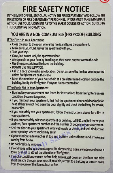 FIRE SAFETY NOTICE YOU ARE IN A NON- COMBUSTIBLE (FIREPROOF) BUILDING SIGN- WHITE (ALUMINUM SIGNS 10X12)