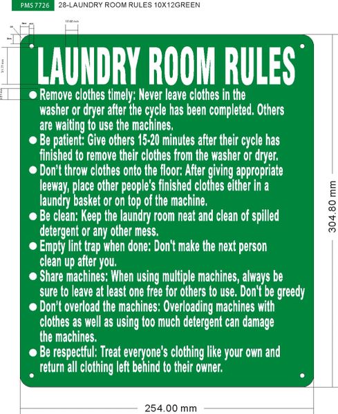 LAUNDRY ROOM RULES SIGN- GREEN BACKGROUND – GREEN (ALUMINUM SIGNS 10X12)
