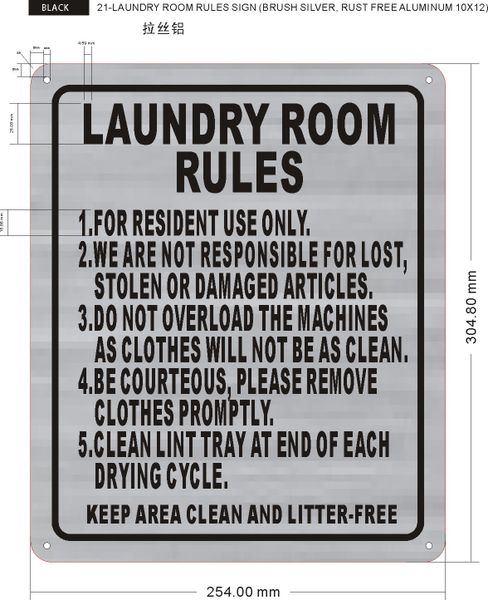 LAUNDRY ROOM RULES SIGN- SILVER (ALUMINUM SIGNS 12X10)