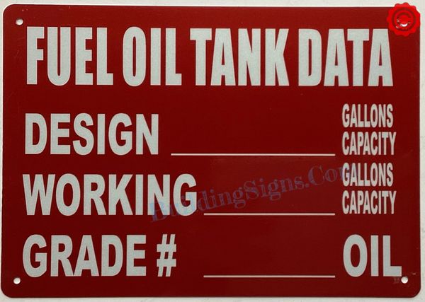 FUEL OIL TANK DATA SIGN- RED (ALUMINUM SIGNS 10x12)