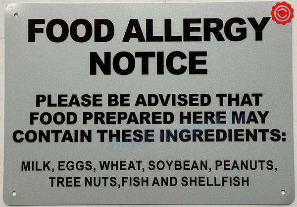 FOOD ALLERGIES NOTICE SIGN (ALUMINUM SIGNS 10X12)