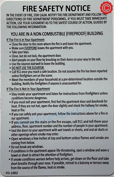 FIRE SAFETY NOTICE FOR NON-COMBUSTIBLE/FIREPROOF BUILDINGS- WHITE BACKGROUND AND BLACK LETTERS(ALUMINUM SIGNS 8.5x11)