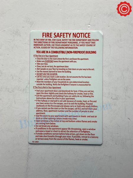 FIRE SAFETY NOTICE FOR COMBUSTIBLE/ NON- FIREPROOF BUILDINGS- RED LETTERS AND WHITE BACKGROUND (ALUMINUM SIGNS 8.5X11)