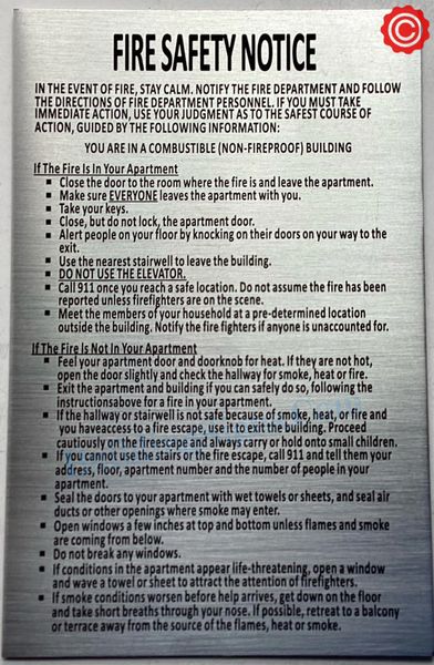 FIRE SAFETY NOTICE FOR COMBUSTIBLE/ NON- FIREPROOF BUILDINGS- SILVER BACKGROUND (ALUMINUM SIGNS 8.5X11)
