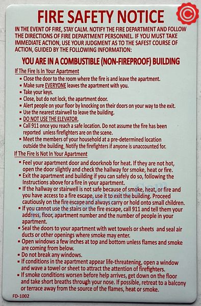 FIRE SAFETY NOTICE FOR NON- FIREPROOF/COMBUSTIBLE BUILDINGS- RED LETTERS AND WHITE BACKGROUND (ALUMINUM SIGNS 8.5X11)