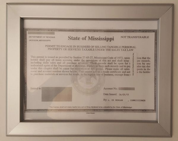 Business license Permit state of Mississippi frame 8.5 x 11