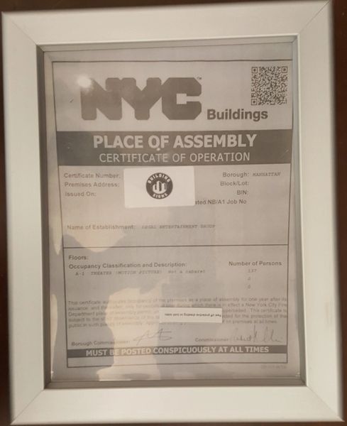 NYC PLACE OF ASSEMBLY CERTIFICATE OF OPERATION FRAME