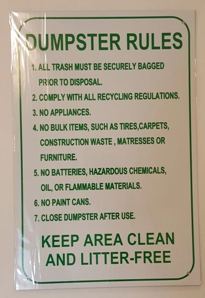 DUMPSTER RULES SIGN–WHITE ALUMINUM (18X12)