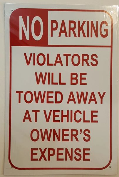 NO PARKING SIGN–WHITE ALUMINUM (18X12)