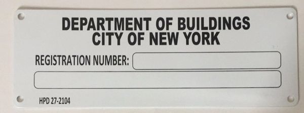 DOB NYC REGISTRATION NUMBER SIGN–WHITE ALUMINUM (3X8.5)