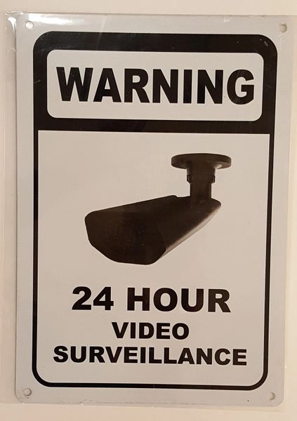 WARNING 24 HOUR VIDEO SURVEILLANCE SIGN– WHITE ALUMINUM (10X7)