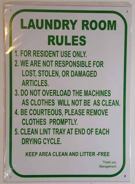 LAUNDRY ROOM RULES SIGN– WHITE ALUMINUM (14X10)