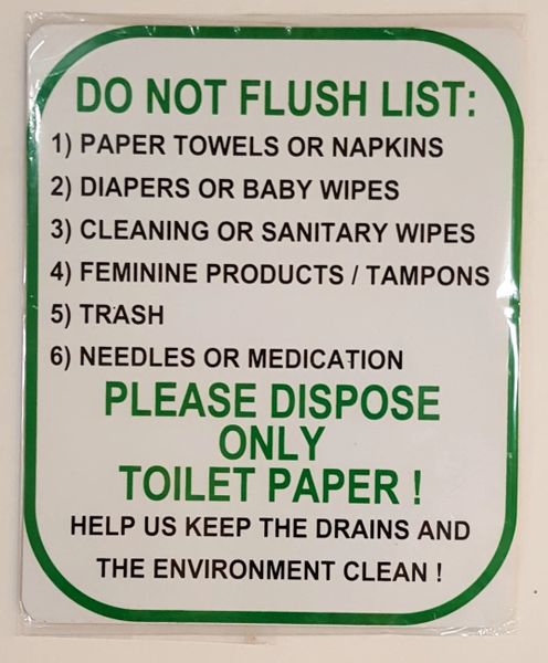 DO NOT FLUSH LIST PLEASE DISPOSE ONLY TOILET PAPER SIGN – PURE WHITE (6X5)