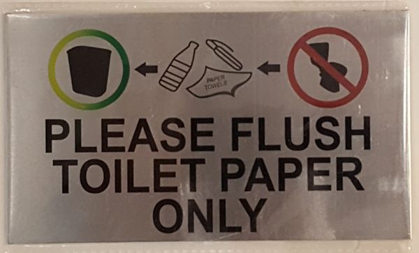 FLUSH TOILET PAPER ONLY SIGN – BRUSHED ALUMINUM (4X7)