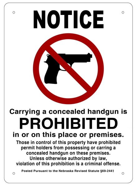 CONCEALED CARRY NOT ALLOWED SIGN - WHITE ALUMINUM (14X10)