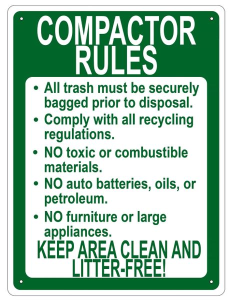 COMPACTOR RULES SIGN - WHITE ALUMINUM (16X12)
