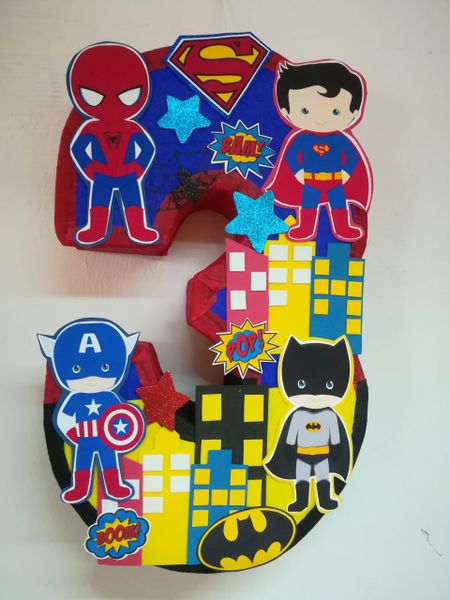 Inspired super heroes pinata. number decorated Birthday Party decoration.  Superhero Pinata. Superhero birthday. justice league