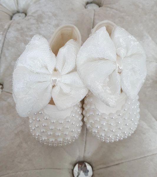 Baby Girls Ivory Pearl Soft Sole Shoes with Lace Bow -Christening ...