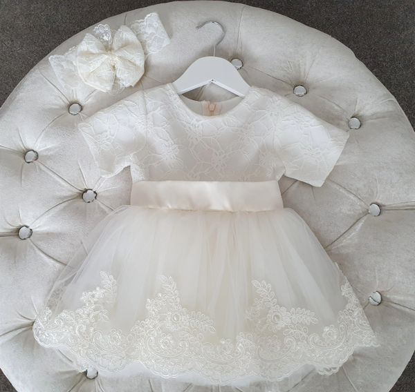 Baby Girls Ivory Lace Christening/Baptism Dress Short Sleeves Bow   Children's Special Occasionwear -Christening/Baptism/Flower Girl