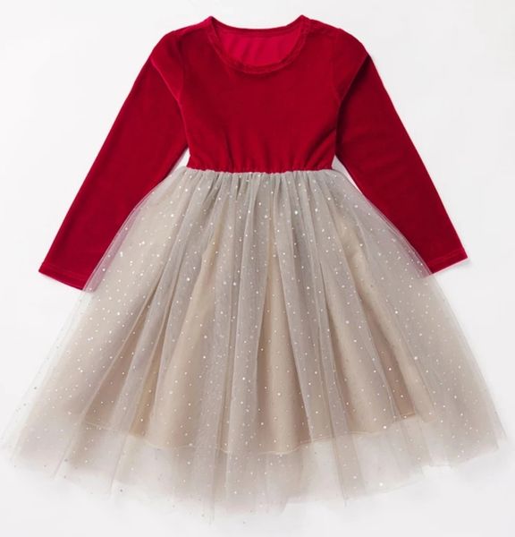 Girls Long Sleeve Dress Red Velvet Bodice & Sparkly Tulle Skirt