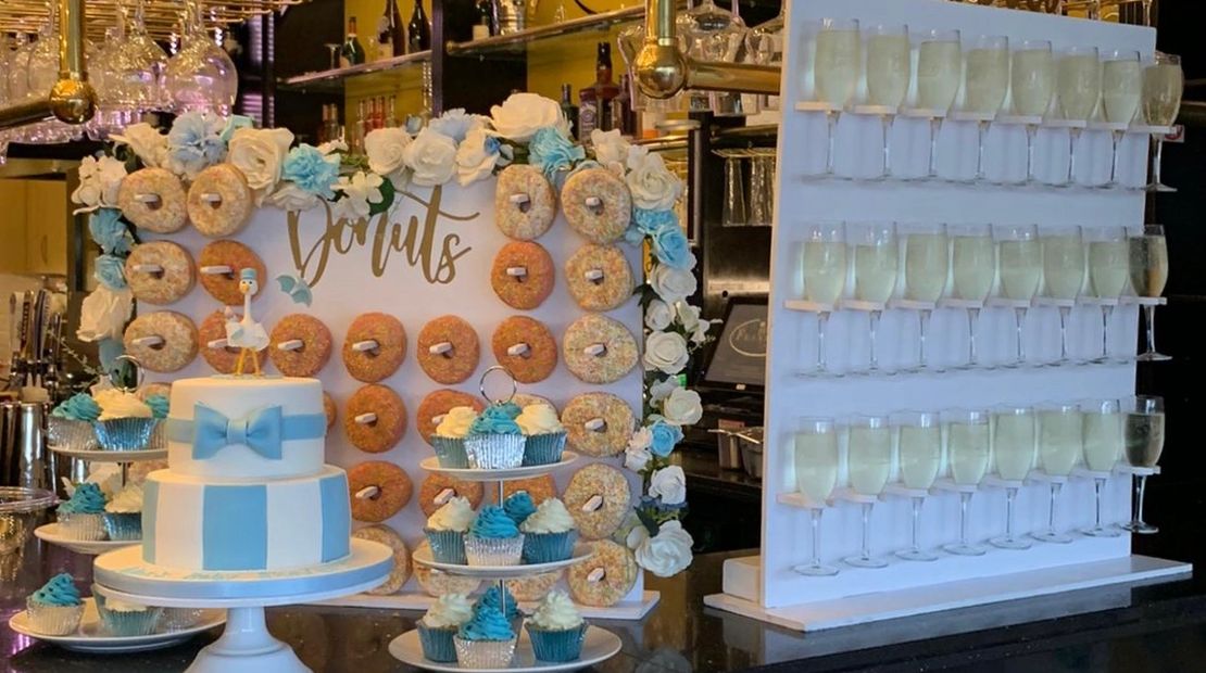 Party hire, party props, party decor, donut wall, Prosecco wall, 