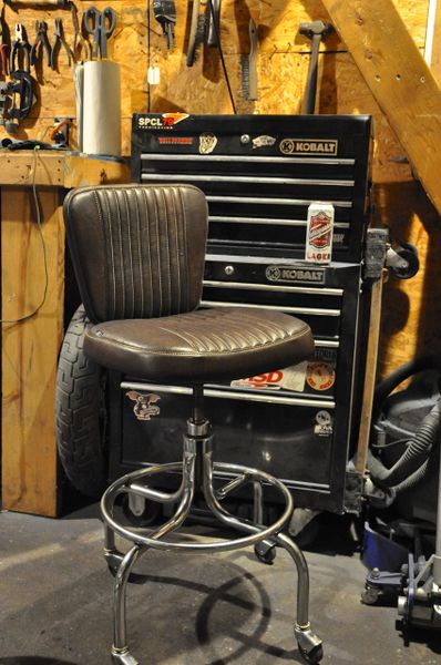 Shop Stool Wrapped in Brown Leather Tan Stitching