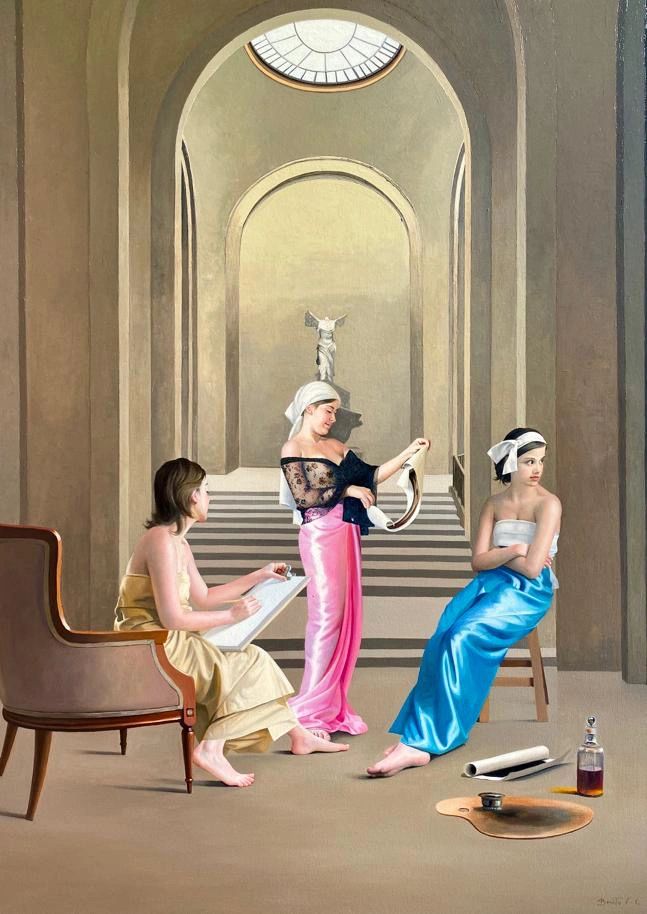 Three young ladies painting. Three women standing in a palace. Pink dress. Blue fabric dress
