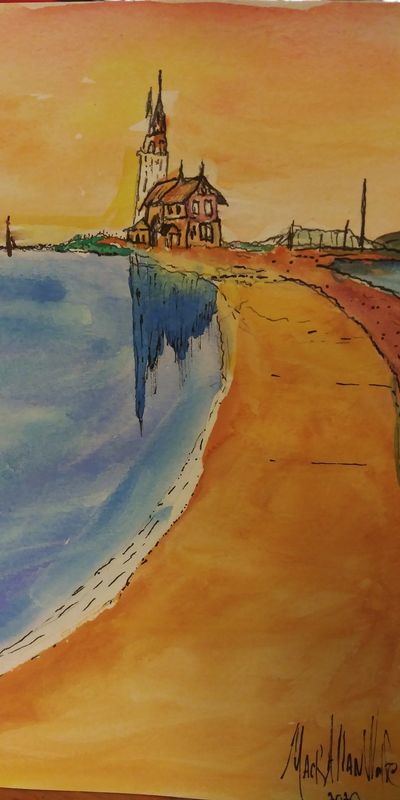 watercolor of the beach and lighthouse,  The buildings dimly reflecting off the water 