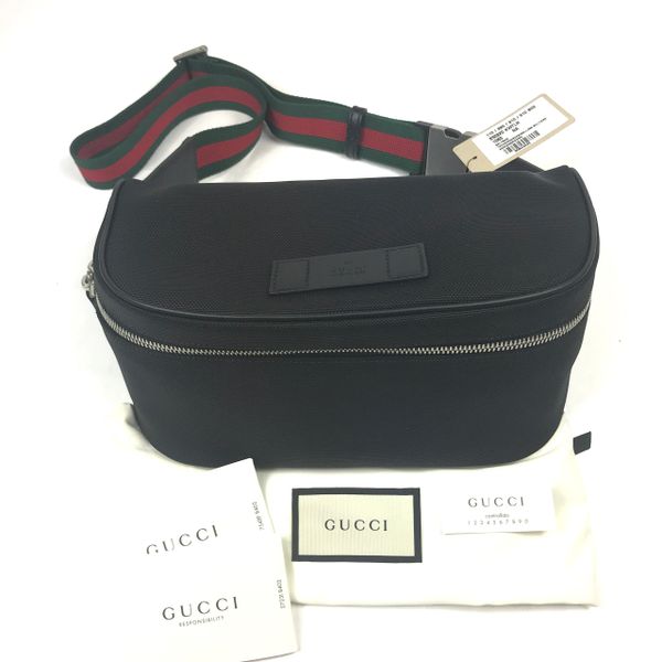 Gucci Techno Web Stripe Black Canvas Leather Trim Waist Belt Bag