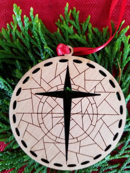 Wood Cross Christmas ornament with geometric design, 25 ornaments per box, (that's $.68 each), FREE SHIPPING!