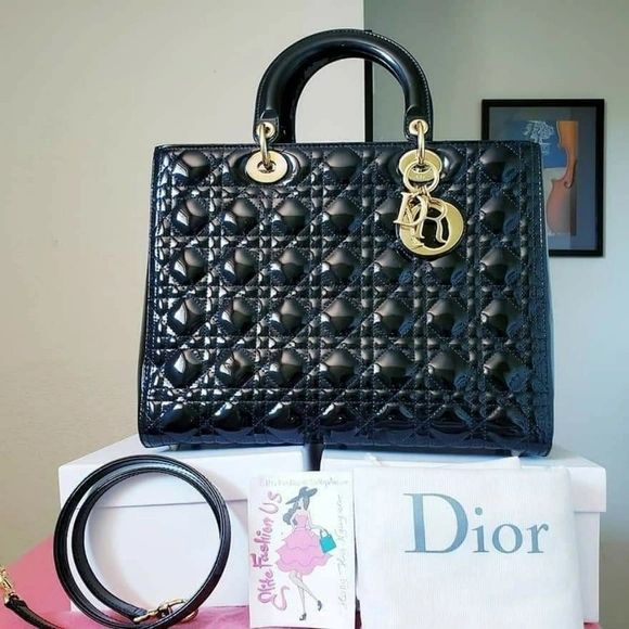 SOLD 5,100 Lady Dior Large Patent Black Gold Hardware bag