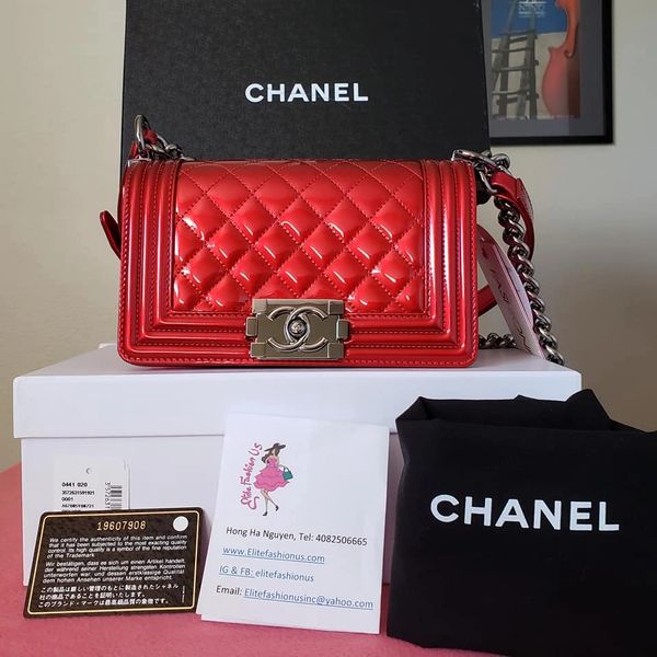 CHANEL Boy red patent silver HW small bag