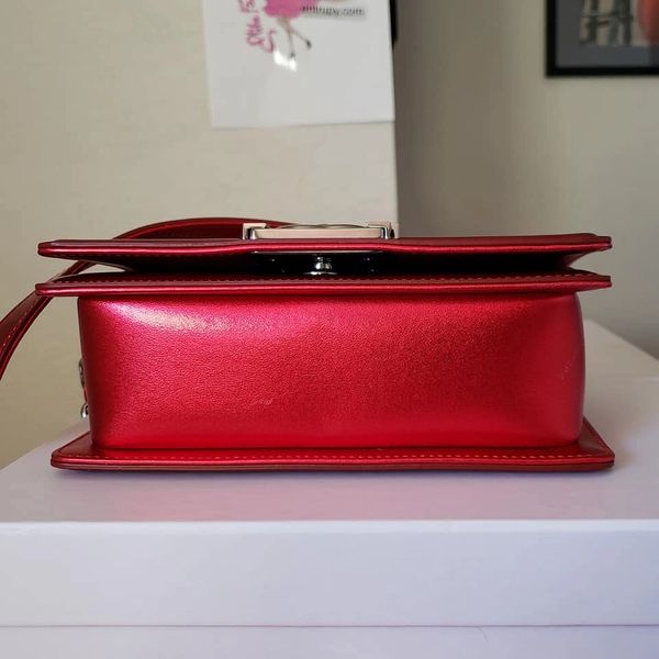 CHANEL Boy red patent silver HW small bag