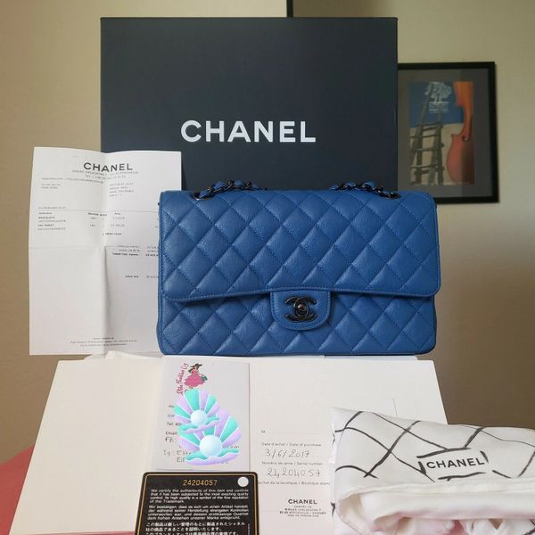 CHANEL classic double Flap Classic Medium blue calfskin bag so bl