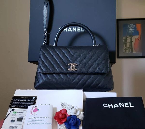 Chanel Coco Handle black Caviar Small Bag Patriot red blue white camellia  brooch